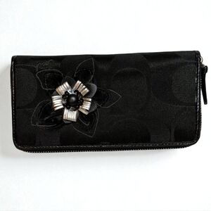 Coach Signature Jacquard Accordion Wallet Metallic Flower Applique Black Canvas